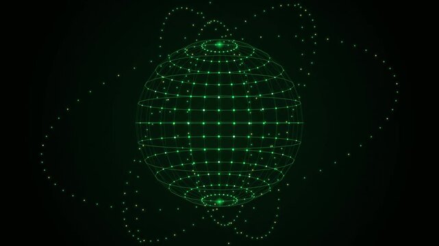 Futuristic Green Digital Globe Wireframe Rotating with Orbiting Particle Rings in Cyberspace