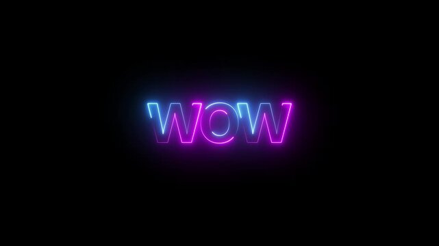 Neon luxury wow text animation. Wow neon sign animation. Glowing neon lines wow text animation transparent background.