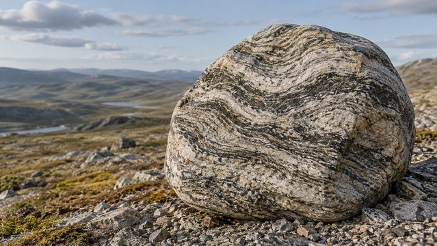 Banded gneiss boulder in a quiet upland landscape