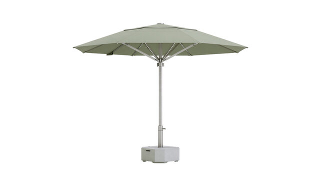 Large grey outdoor patio umbrella with metal pole and heavy square base