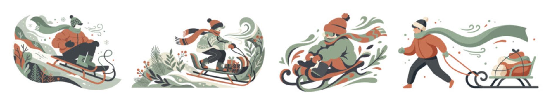 Set of flat winter illustrations featuring people sledding and pulling sleds with gifts in a stylized outdoor landscape.