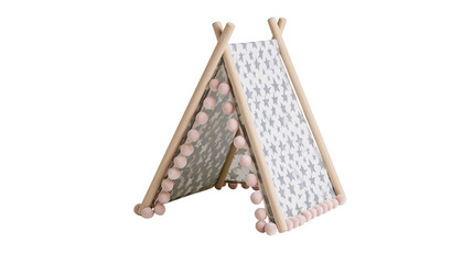 Small wooden frame teepee tent with grey star pattern fabric and pink pom poms © Lena