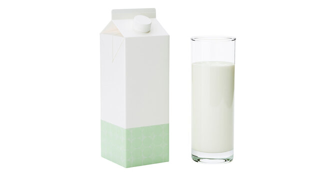 White cardboard milk carton with green pattern and tall glass of fresh milk