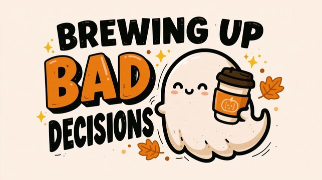Cute Ghost Brewing Up Bad Decisions Funny Pumpkin Coffee Mistakes Halloween Illustration