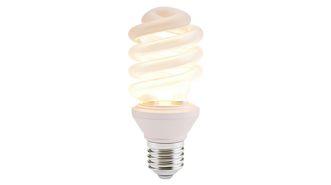 Glowing spiral compact fluorescent light bulb with white base and metal screw