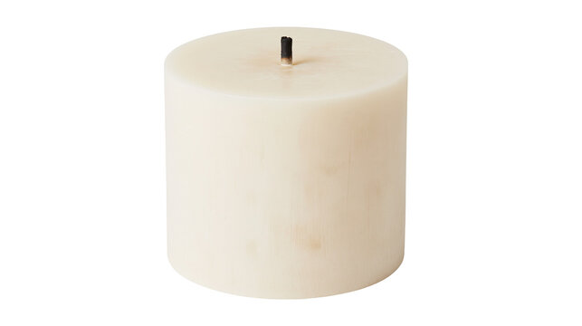 Off-white cylindrical pillar candle with a burnt black wick