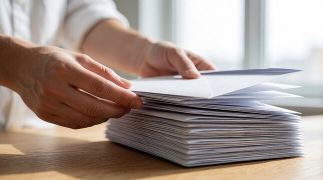 Close up of person hands sorting stack of white envelopes on wooden desk. Worker organizes mail correspondence business letters in office. Pro handling paperwork, documents, postal delivery service
