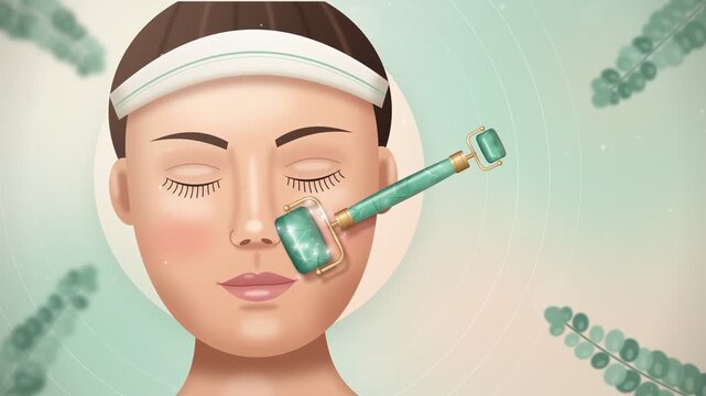 Jade roller facial massage loop animation with glowing skincare sparkles