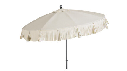 Beige outdoor patio umbrella with decorative fringe and tassels © Lena