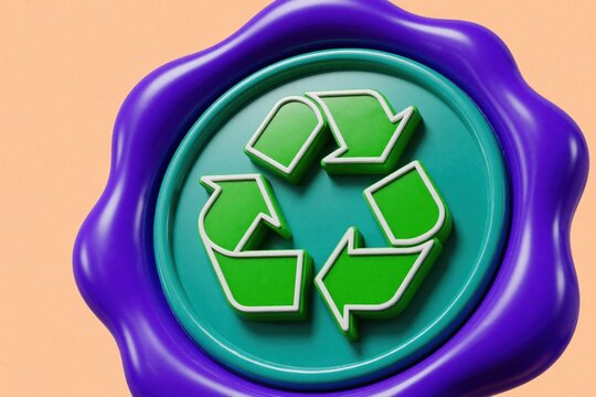 Green recycling symbol on purple wax seal stamp. Three dimensional eco friendly logo with arrows in circle on teal background. Sustainable concept icon for waste management, green energy, organic