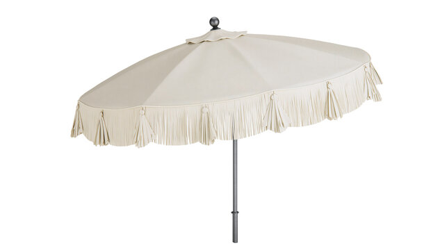 Beige outdoor patio umbrella with decorative fringe and tassels