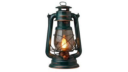 Vintage style dark green metal oil lantern with glowing flame inside glass globe © Alex