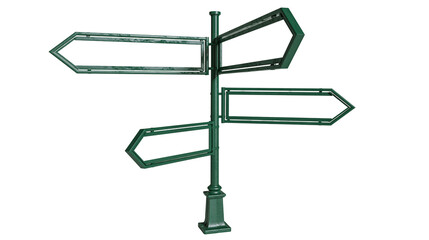 Green metal directional signpost with four empty arrow shaped pointers © Alex
