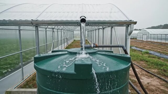 Greenhouse roof rainwater harvesting system collecting natural rainfall in a storage tank for sustainable irrigation and water conservation in modern agriculture