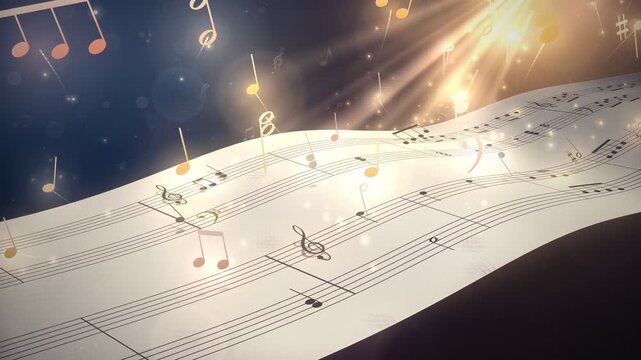 Floating Musical Notes and Melodies Sweeping Across a Glowing Sheet Music Score