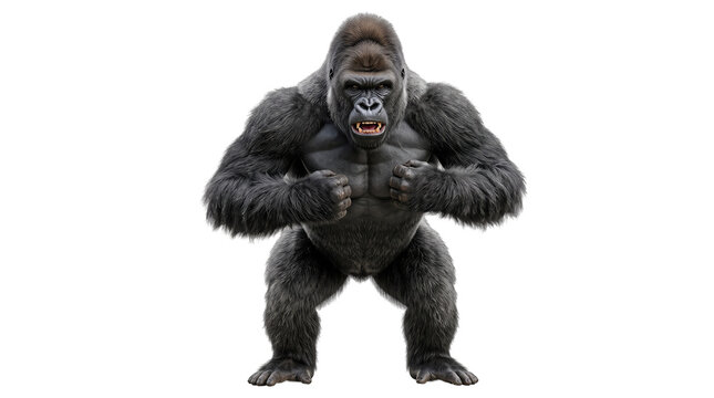 Black Silverback Gorilla Standing and Beating Chest Powerful Wild Primate African Rainforest Wildlife Animal png, isolated on a transparent background