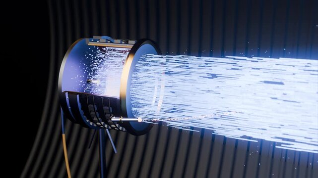 Ion thruster cutaway firing a blue xenon beam through its grids in a vacuum test chamber, loop