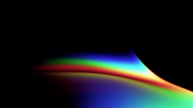 Rainbow light dispersion and glowing prism refraction flowing on a dark black background, seamless loop, 3d rendered animation