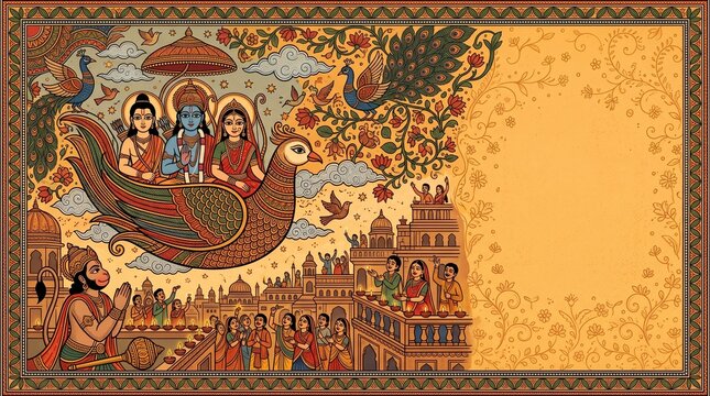 Lord Rama, Sita and Lakshmana return to Ayodhya in Pushpaka Vimana chariot. Indian mythology epic concept. Antique fresco illustration for Diwali celebration 