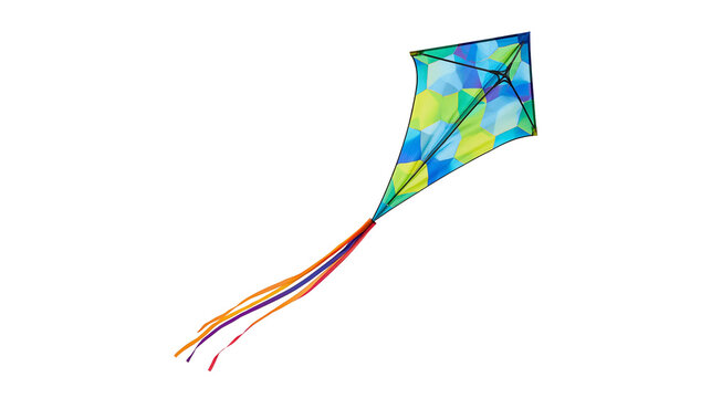 Colorful geometric pattern diamond kite with long flowing ribbons