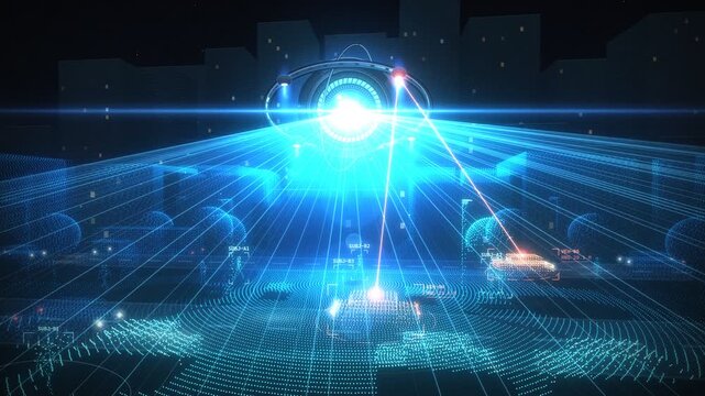Futuristic Drone Surveillance Eye Laser Scanning Cityscape Seamless Loop