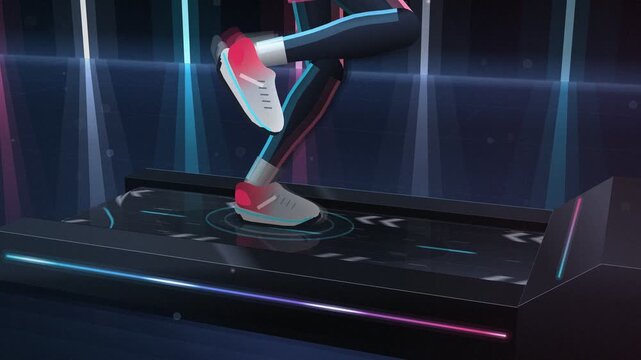 Fitness athlete running on futuristic treadmill belt in gym with colorful lights