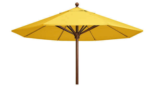 Yellow fabric patio umbrella with wooden pole and frame