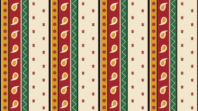 Indian block print seamless vertical stripes with saree border bands of paisley, flowers and zigzag in red, mustard and green on cream