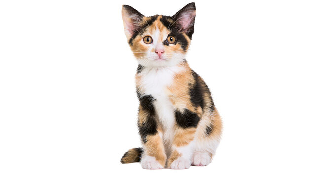 Small calico kitten sitting and looking forward with bright eyes