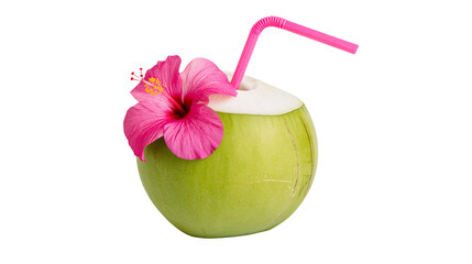 Fresh green coconut with pink hibiscus flower and pink drinking straw © Veikko