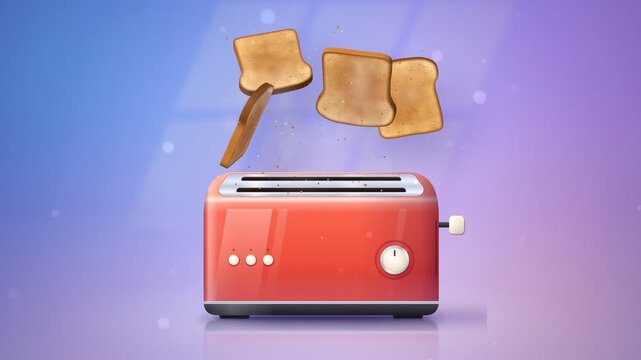 Red toaster popping out golden slices of toasted bread in a seamless loop animation