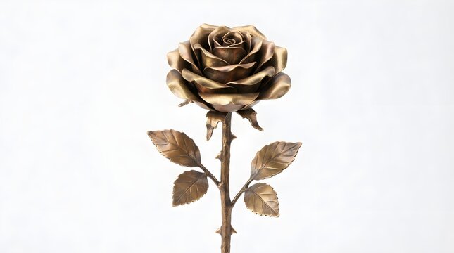 Golden bronze rose flower sculpture with stem and leaves isolated on white background