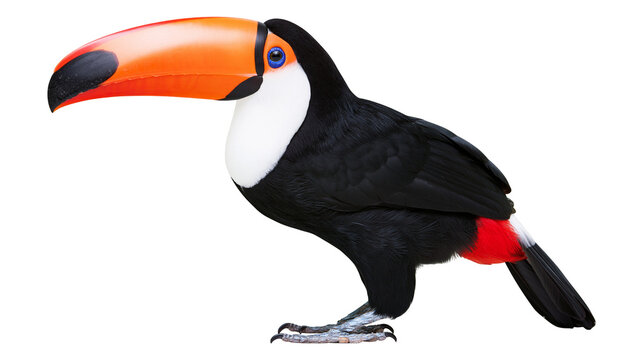 Toco toucan with vibrant orange beak and black plumage