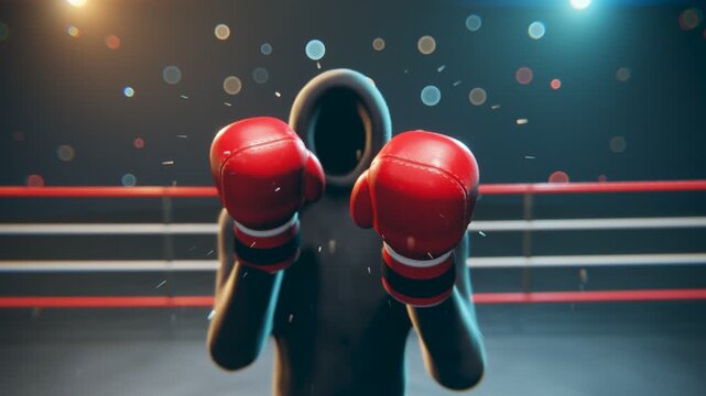 Hooded Boxer Character Throwing Punches With Red Gloves In Ring 3D Animation