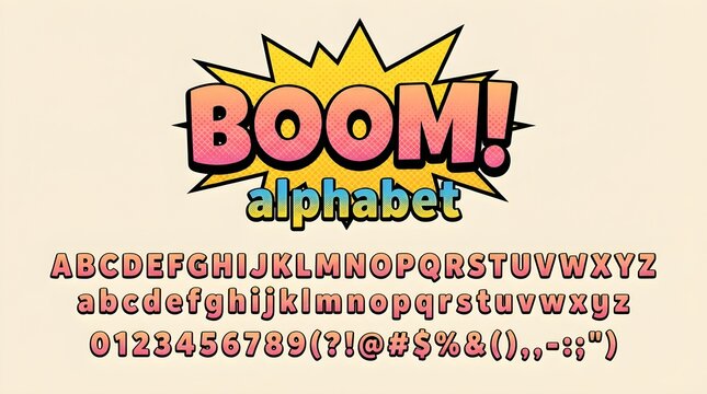 Comic Book Style Alphabet Font Set with Vibrant Pop Art Lettering and Numbers for Creative Graphic Design Projects