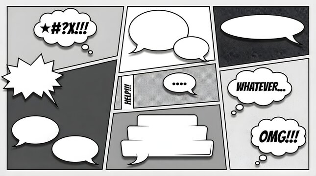 Set of comic book speech bubbles and sound effects, various shapes and sizes, in black and white illustration style, with speech bubbles for text and sound effect elements