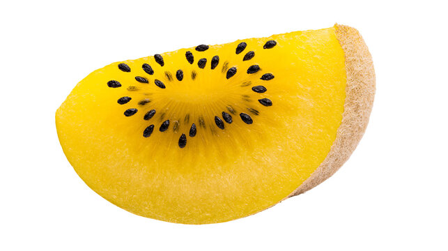 Fresh golden yellow kiwi fruit slice with black seeds and fuzzy brown skin