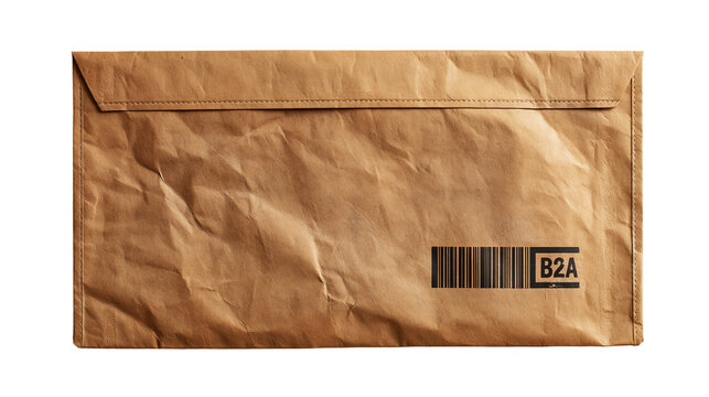 Crumpled brown paper mailing envelope with barcode and B2A label