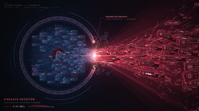 Data breach concept with confidential records streaming out of a breached database vault in 4K loop