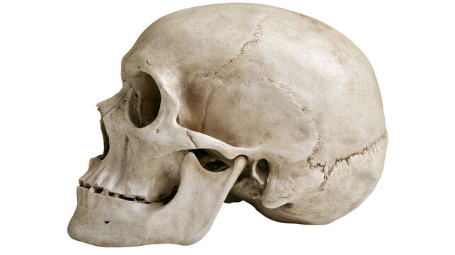 Human skull side profile view with detailed bone texture and anatomical structure