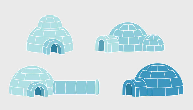Set of four different blue igloo house illustrations displayed against a neutral grey background surface.