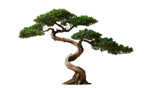 Curved trunk evergreen bonsai tree with dense green foliage
