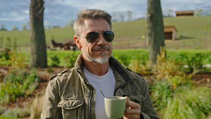 Fototapeta premium Mature age rancher drinking cup of coffee on sunny day, with horses in the background. Landowner enjoying successful agricultural business on ranch. Mid adult man with gray hair smiling outdoor.