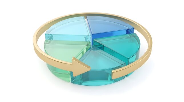 3D glass pie chart with circular golden arrow symbolizing business data analysis, growth, and financial reporting success