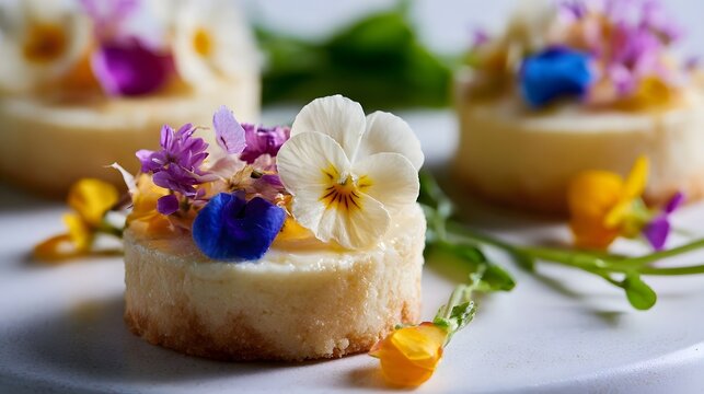 Delicate mini cheesecakes topped with vibrant edible flowers on a clean white surface  showcasing gourmet dessert ry