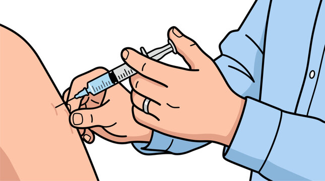 Doctor or nurse injecting vaccine with syringe into patient arm vector illustration.