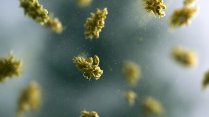 Fototapeta premium Golden pollen grains drift through soft light suspended in air with delicate textured clusters catching the glow