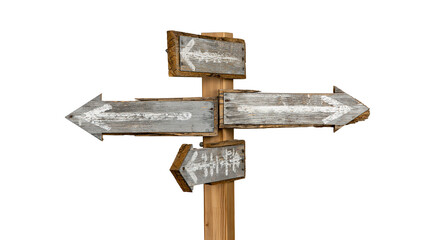 Weathered wooden signpost with multiple directional arrows pointing different ways © Theodore