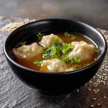 Potsticker soup with dumpling green onion clear broth sesame seed black bowl Asian cuisine savory fresh delicious