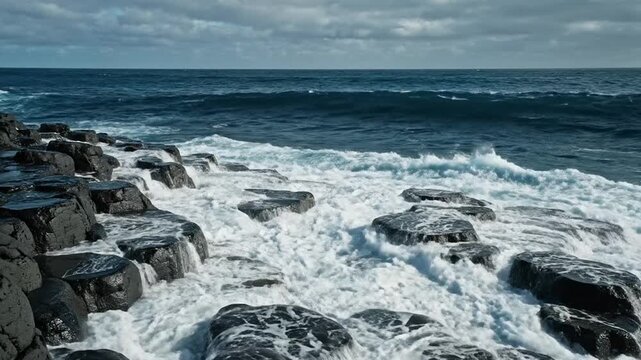Powerful tidal waves surge and recede over rugged dark rocky shore at the edge of the deep blue ocean during a cloudy day.